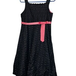 Bonnie Jean Black pink eyelet shift Dress with Ribbon floral embroidered sz 16